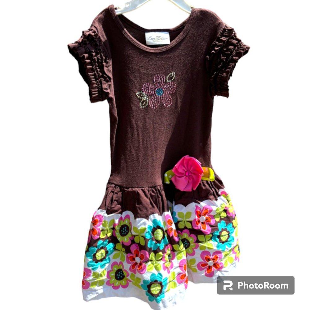 Rare‎ Edittions girl's brown floral rhinestone ruffle short sleeve dress sz 4T